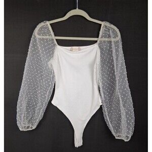 Altar’d State White Bodysuit With Sheer Dot Long Sleeves Balletcore Size S